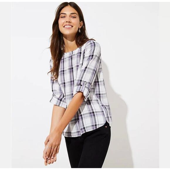 Loft Lavender Plaid Flowy Roll-Tab Sleeve Shirred Back Keyhole Button Blouse SP - Picture 1 of 10